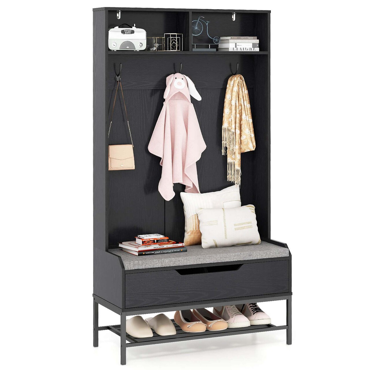 Costway 69" Tall Hall Tree with Seat Cushion Open Compartments Hooks Lift-top Storage White/Black/Rustic Brown